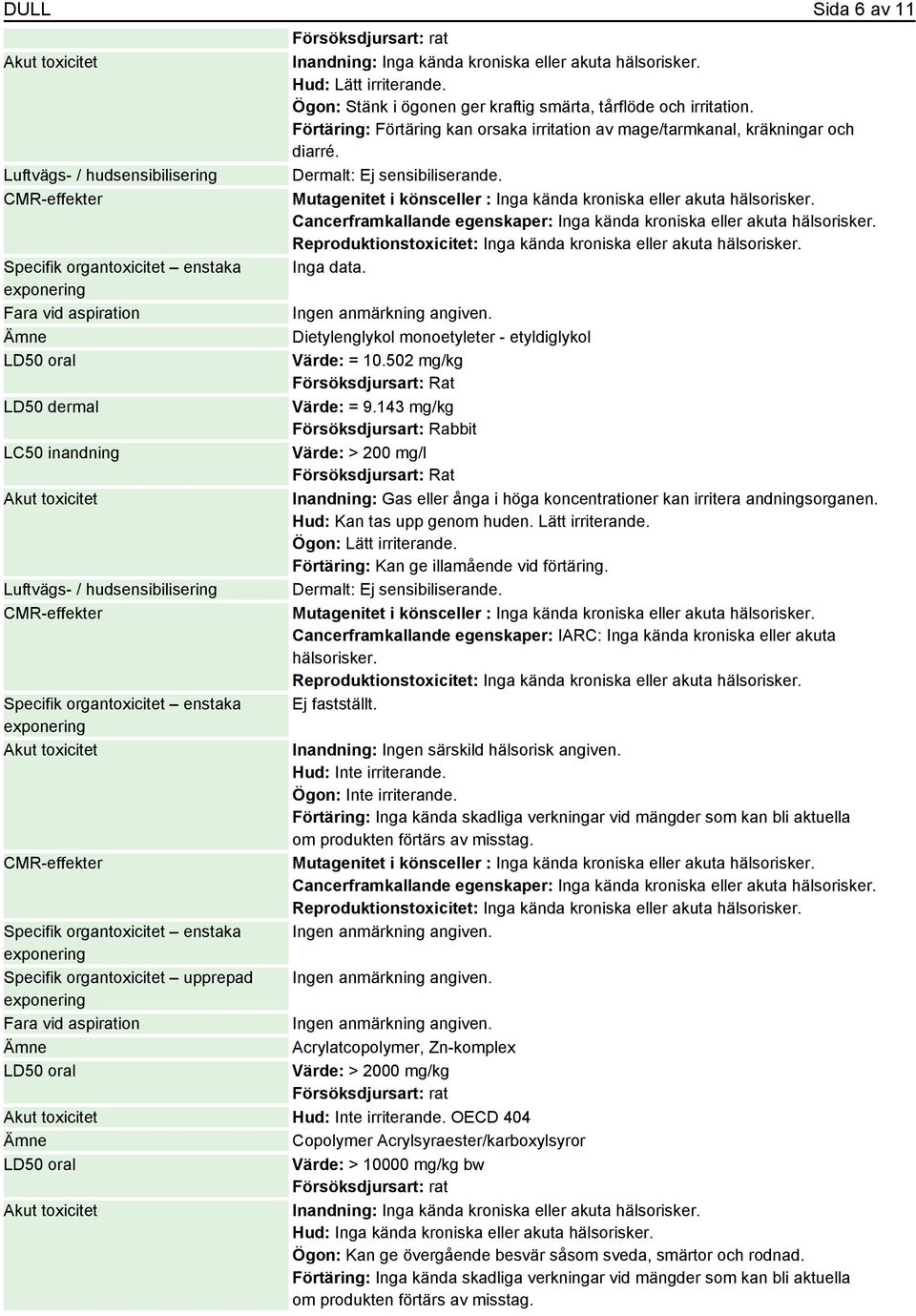 Ögon: Stänk i ögonen ger kraftig smärta, tårflöde och irritation. Förtäring: Förtäring kan orsaka irritation av mage/tarmkanal, kräkningar och diarré. Dermalt: Ej sensibiliserande.