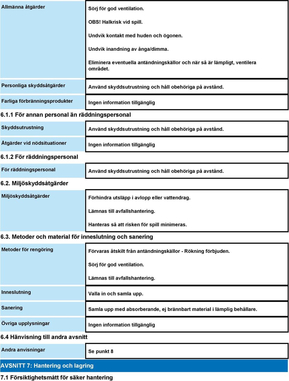 1 För annan personal än räddningspersonal Skyddsutrustning Åtgärder vid nödsituationer Använd skyddsutrustning och håll obehöriga på avstånd. 6.1.2 För räddningspersonal För räddningspersonal Använd skyddsutrustning och håll obehöriga på avstånd.