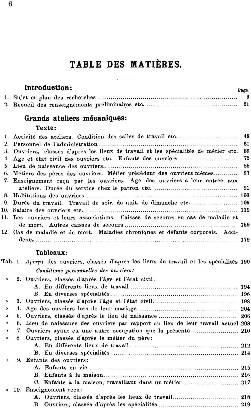 Age et état civil des ouvriers etc. Enfants des ouvriers 75 5. Lieu de naissance des ouvriers 85 6. Métiers des pères des ouvriers. Métier précédent des ouvriers mêmes 87 7.