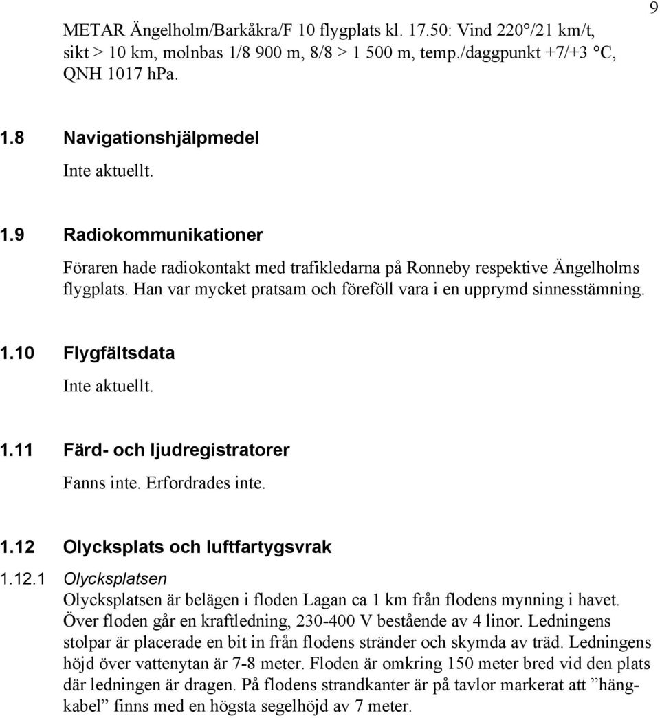 10 Flygfältsdata Inte aktuellt. 1.11 Färd- och ljudregistratorer Fanns inte. Erfordrades inte. 1.12 Olycksplats och luftfartygsvrak 1.12.1 Olycksplatsen Olycksplatsen är belägen i floden Lagan ca 1 km från flodens mynning i havet.