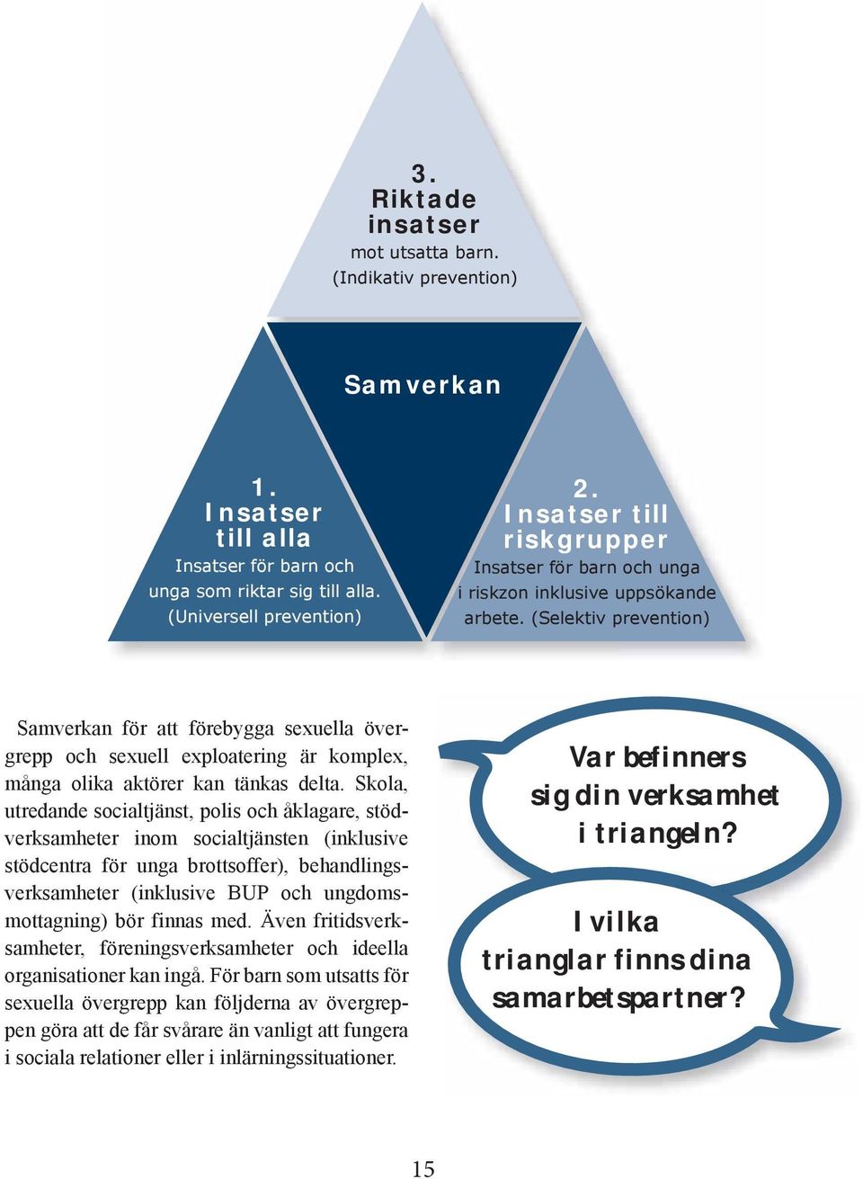 (Selektiv prevention) Samverkan för att förebygga sexuella övergrepp och sexuell exploatering är komplex, många olika aktörer kan tänkas delta.