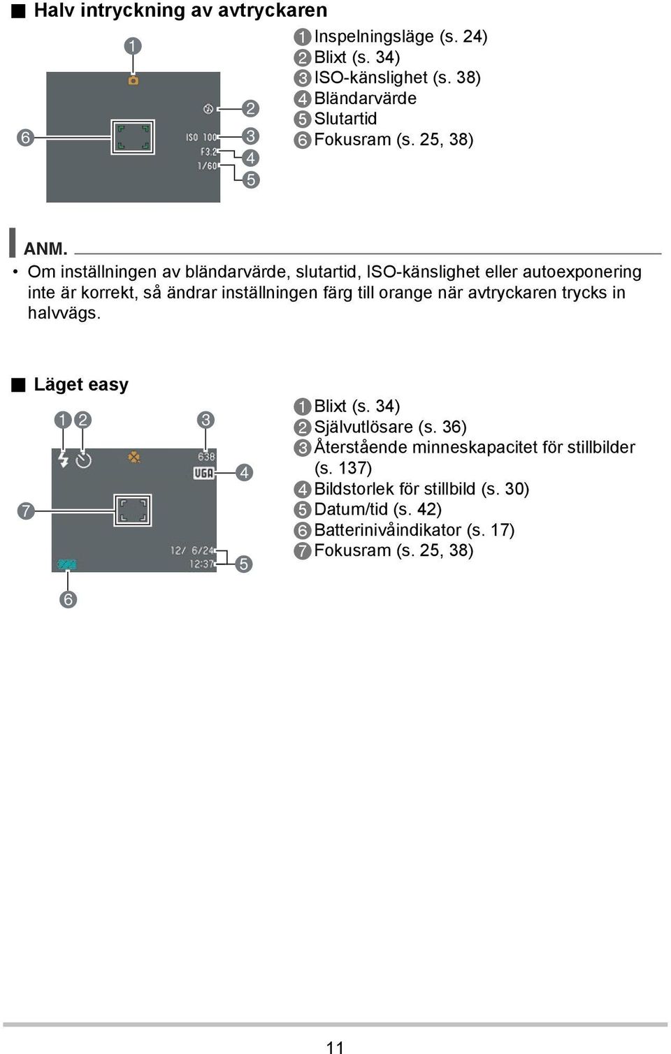 Om inställningen av bländarvärde, slutartid, ISO-känslighet eller autoexponering inte är korrekt, så ändrar inställningen färg till orange