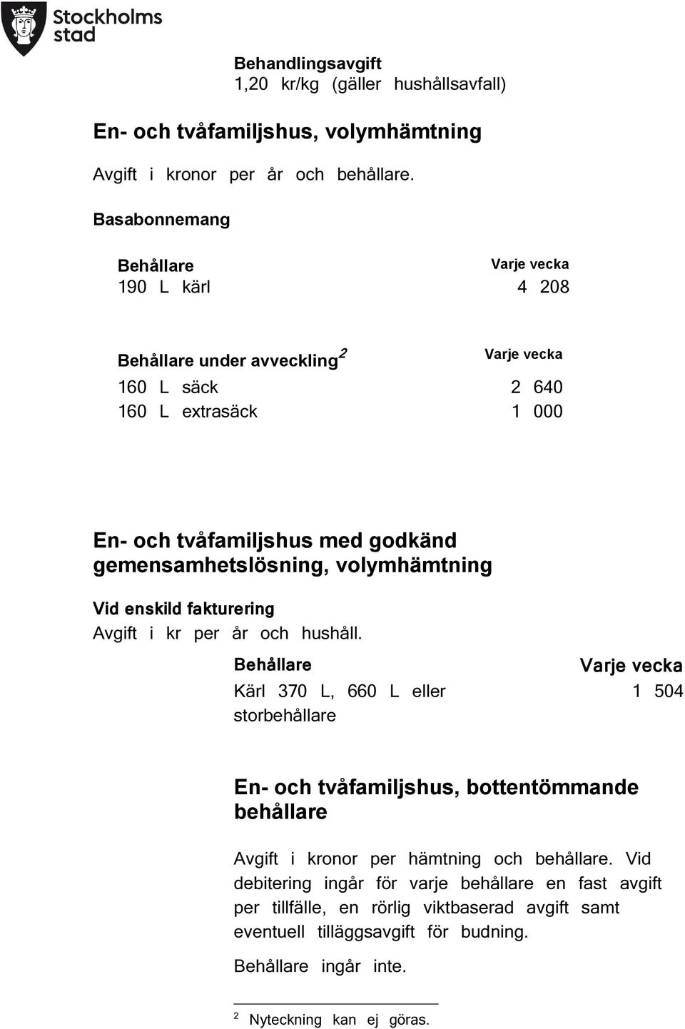 volymhämtning Vid enskild fakturering Avgift i kr per år och hushåll.