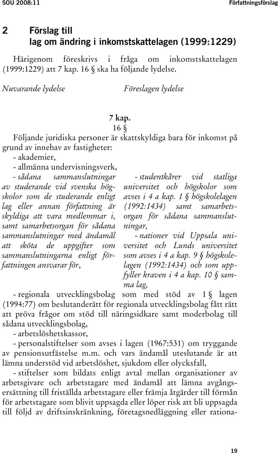 16 Följande juridiska personer är skattskyldiga bara för inkomst på grund av innehav av fastigheter: - akademier, - allmänna undervisningsverk, - sådana sammanslutningar av studerande vid svenska