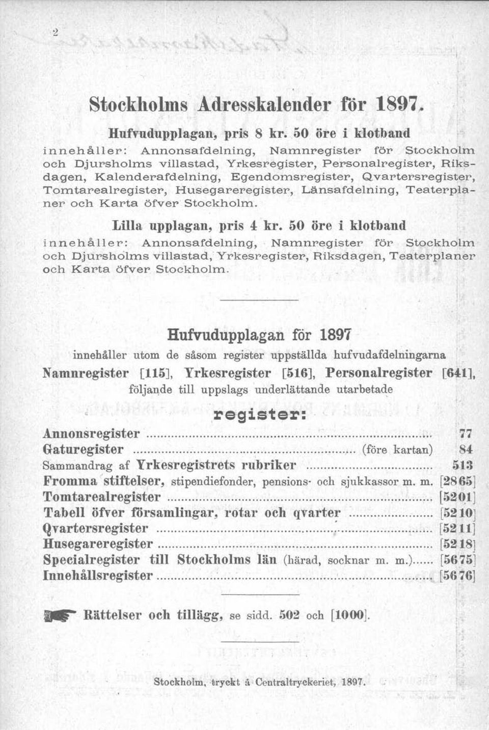 50 öre i klotband innehåller: Annonsafdelning, Namnregister för Stockhohn och Djursholms villastad; Yrkesregister, Riksdagen, Teaterplaner och Karta öfver Stockholm.