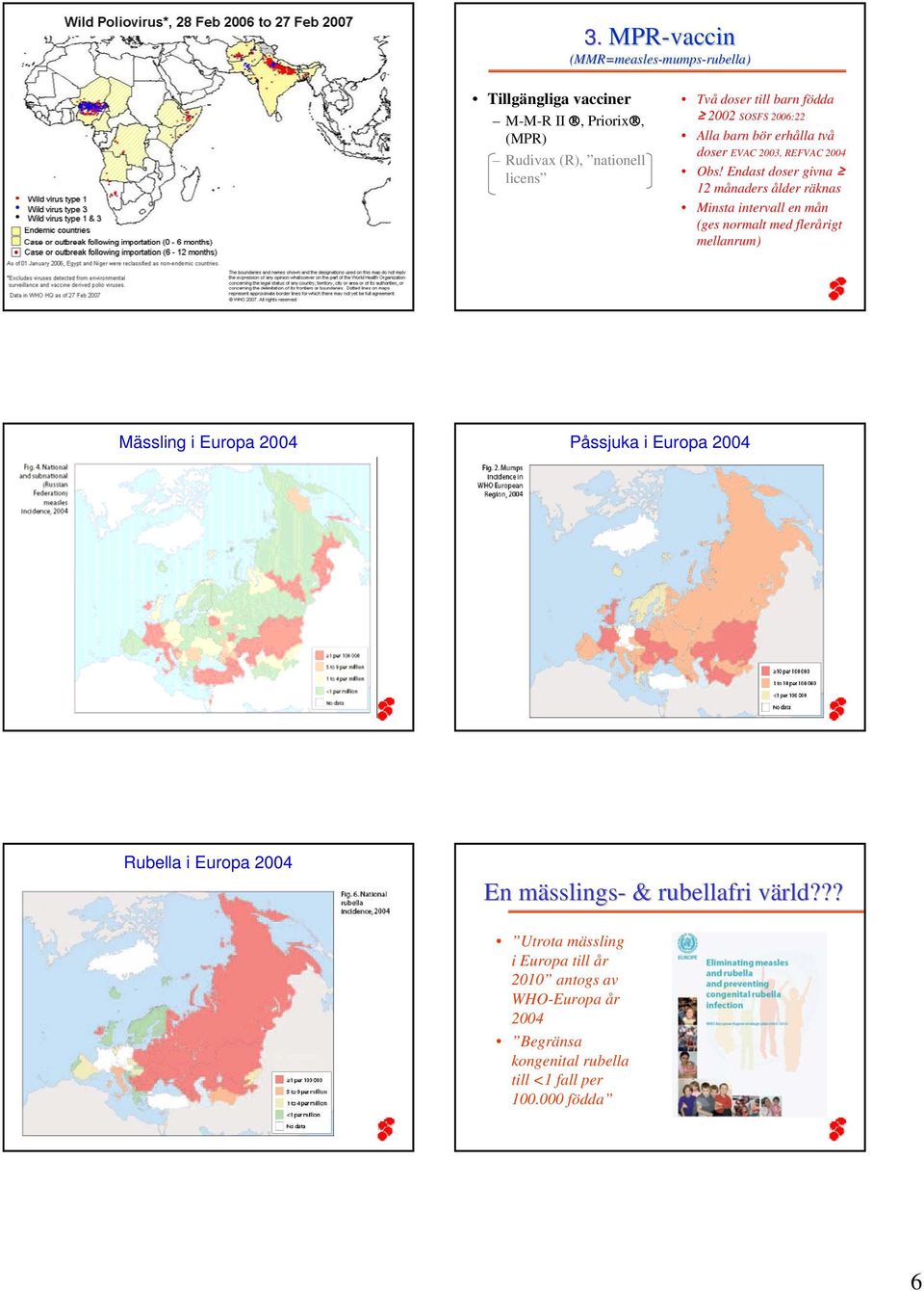 Endast doser givna 12 månaders ålder räknas Minsta intervall en mån (ges normalt med flerårigt mellanrum) Mässling i Europa 2004 Påssjuka i