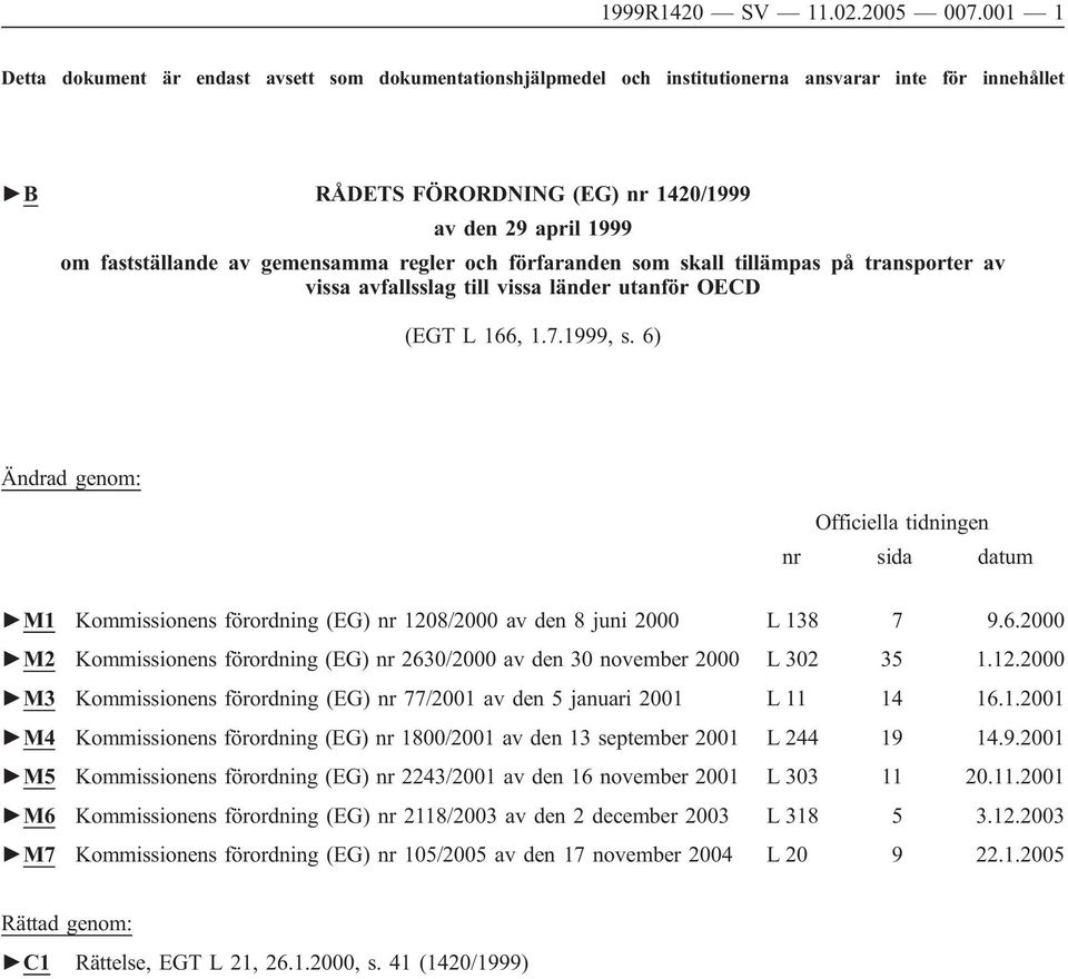 gemensamma regler och förfaranden som skall tillämpas på transporter av vissa avfallsslag till vissa länder utanför OECD (EGT L 166, 1.7.1999, s.