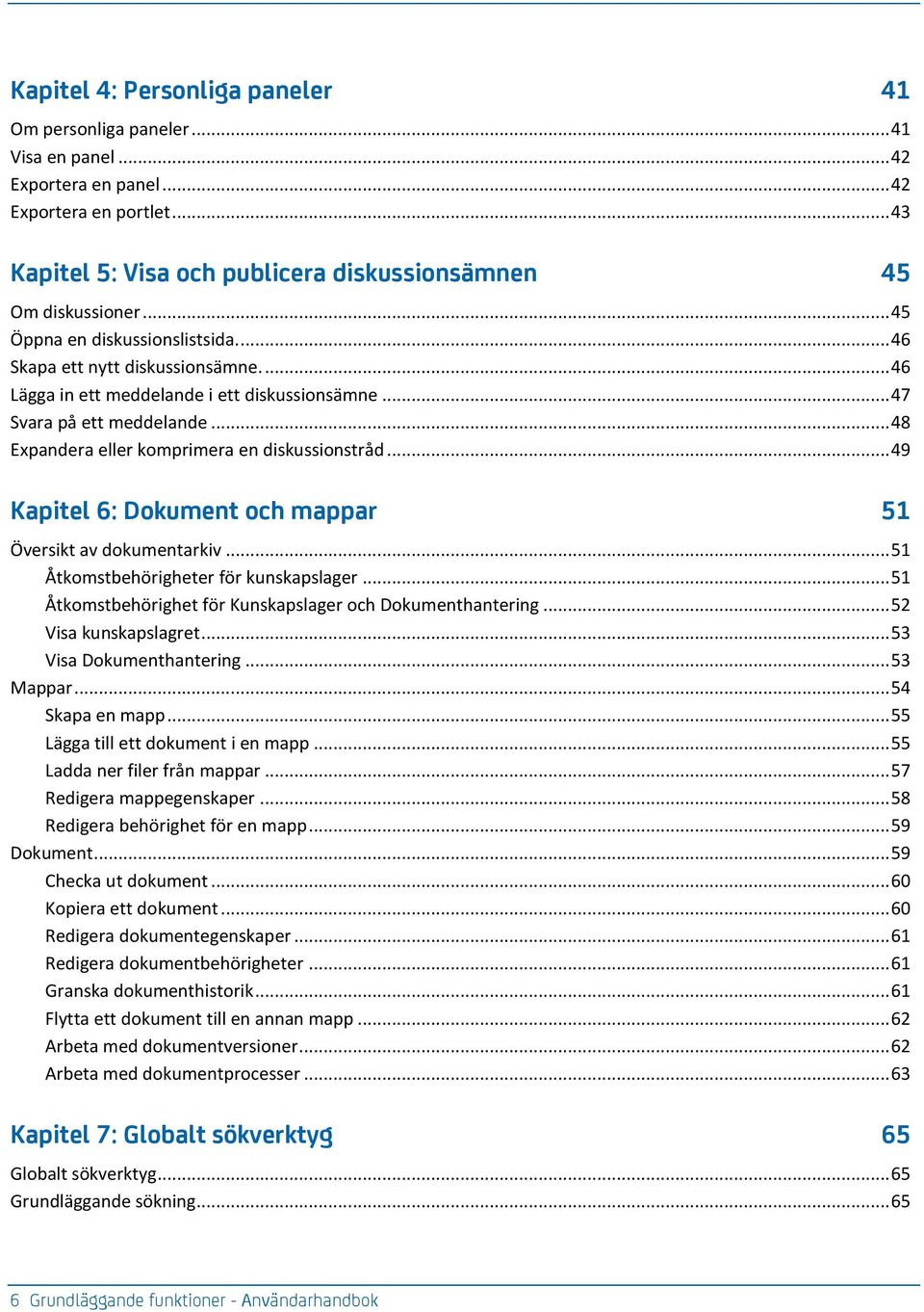 .. 48 Expandera eller komprimera en diskussionstråd... 49 Kapitel 6: Dokument och mappar 51 Översikt av dokumentarkiv... 51 Åtkomstbehörigheter för kunskapslager.