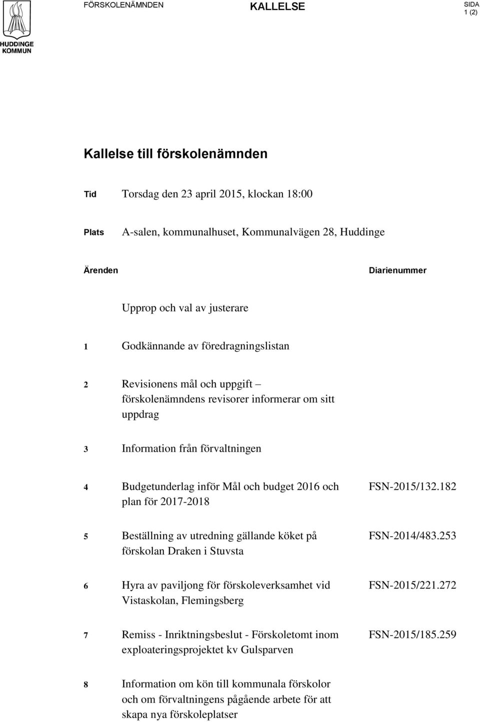 och budget 2016 och plan för 2017-2018 FSN-2015/132.182 5 Beställning av utredning gällande köket på förskolan Draken i Stuvsta FSN-2014/483.