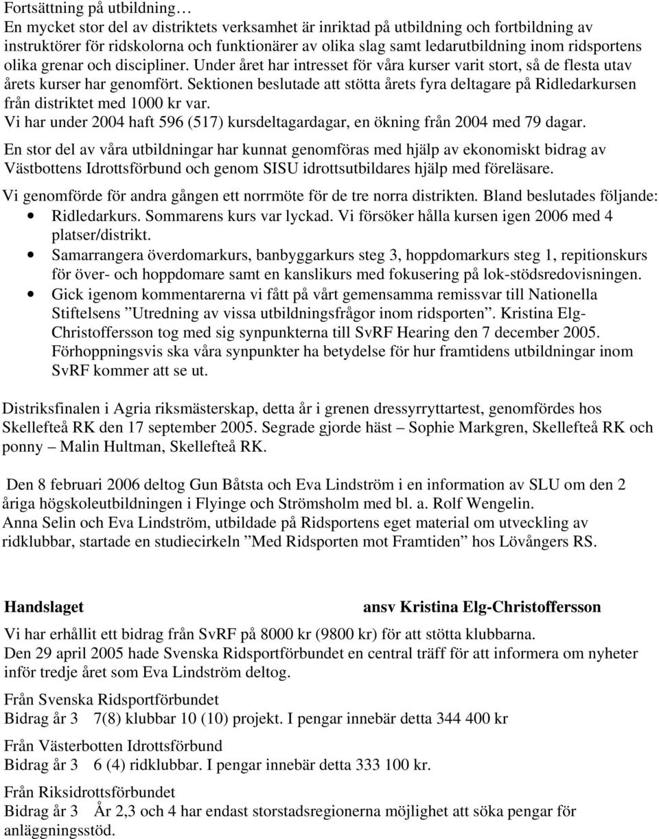 Sektionen beslutade att stötta årets fyra deltagare på Ridledarkursen från distriktet med 1000 kr var. Vi har under 2004 haft 596 (517) kursdeltagardagar, en ökning från 2004 med 79 dagar.