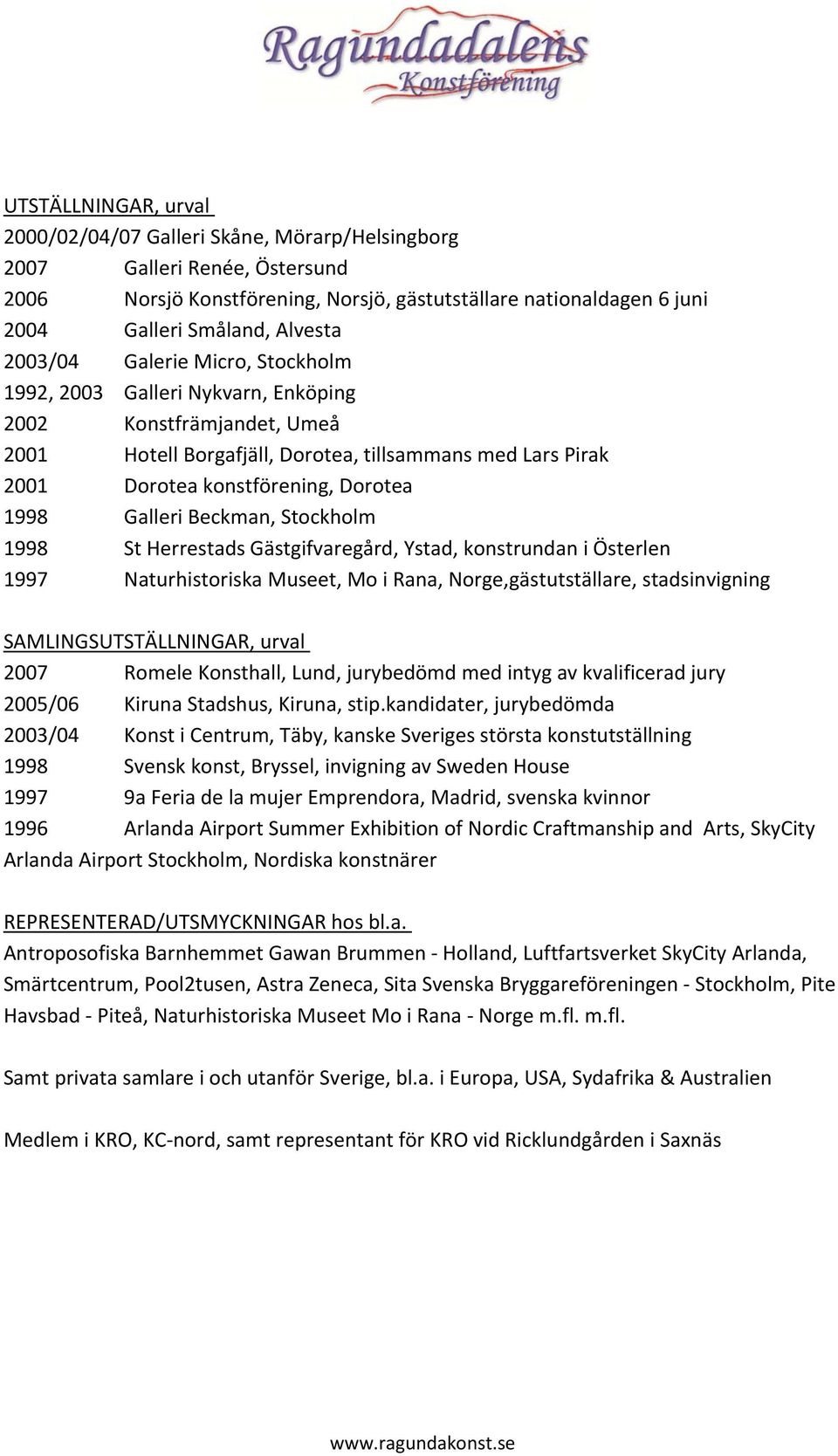 Galleri Beckman, Stockholm 1998 St Herrestads Gästgifvaregård, Ystad, konstrundan i Österlen 1997 Naturhistoriska Museet, Mo i Rana, Norge,gästutställare, stadsinvigning SAMLINGSUTSTÄLLNINGAR, urval