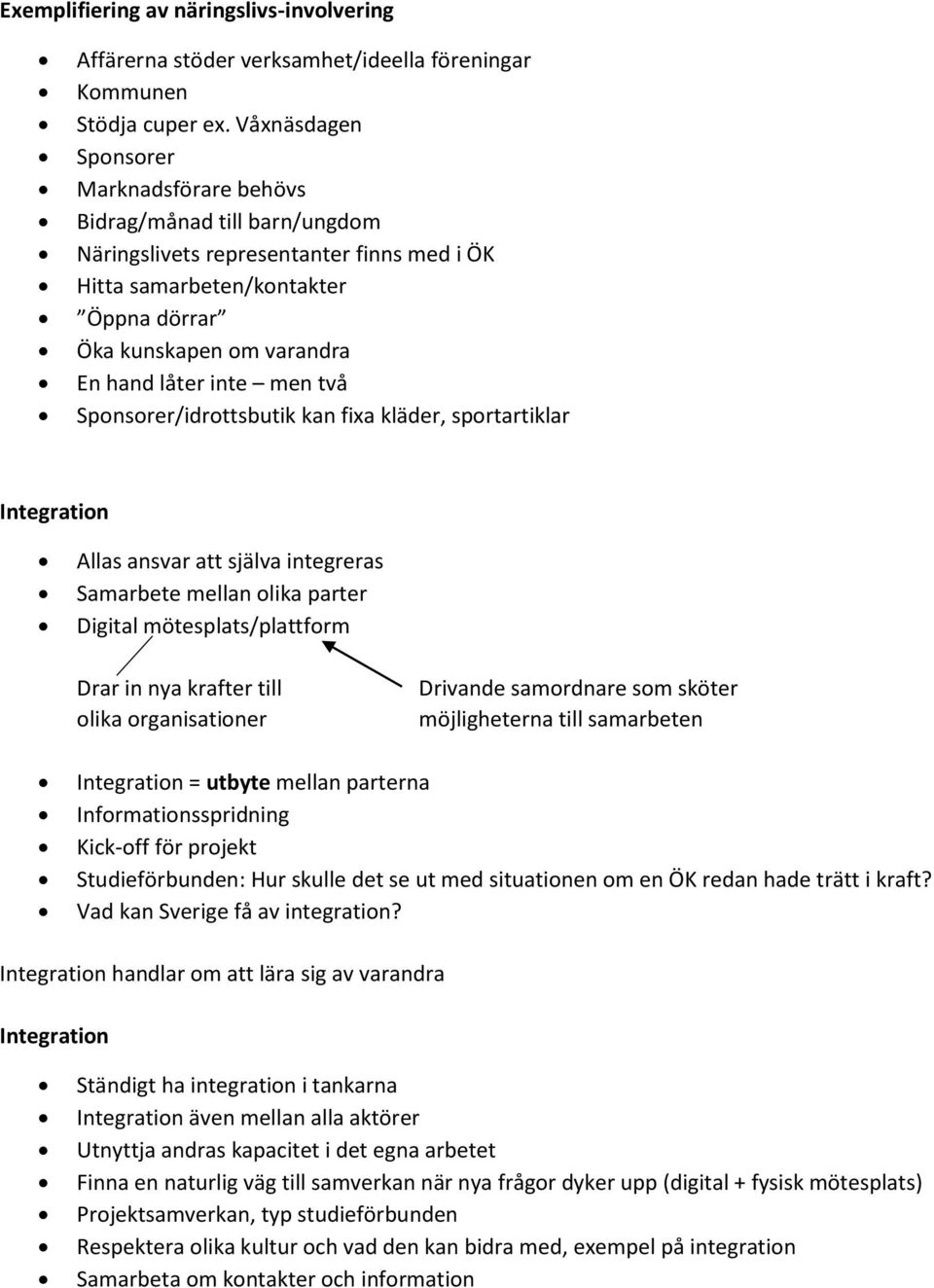 inte men två Sponsorer/idrottsbutik kan fixa kläder, sportartiklar Integration Allas ansvar att själva integreras Samarbete mellan olika parter Digital mötesplats/plattform Drar in nya krafter till