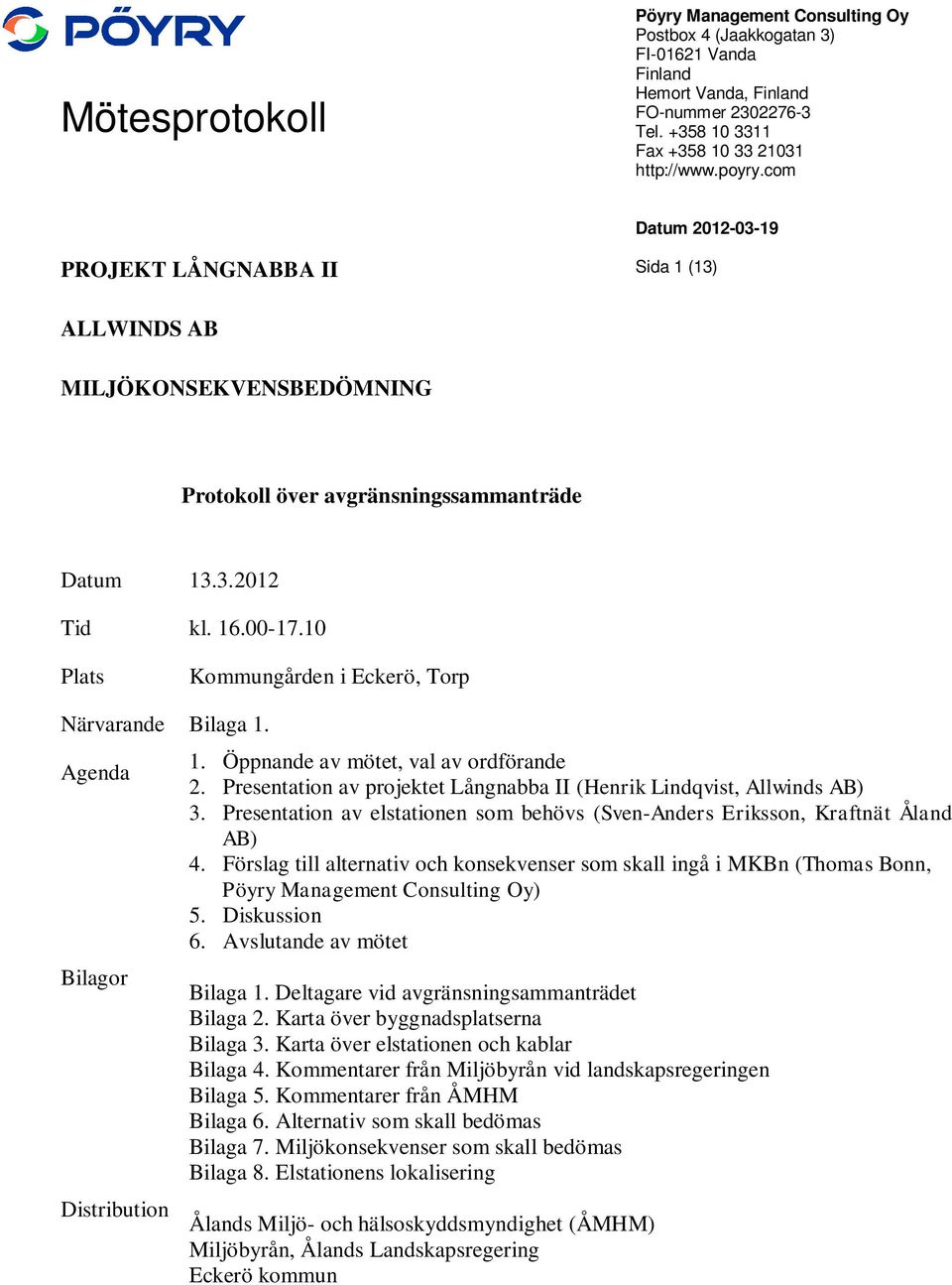 10 Plats Kommungården i Eckerö, Torp Närvarande Bilaga 1. Agenda Bilagor Distribution 1. Öppnande av mötet, val av ordförande 2.