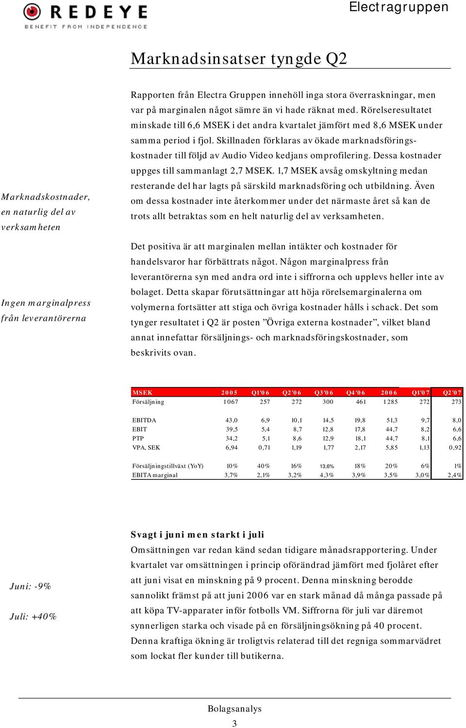 Skillnaden förklaras av ökade marknadsföringskostnader till följd av Audio Video kedjans omprofilering. Dessa kostnader uppges till sammanlagt 2,7 MSEK.