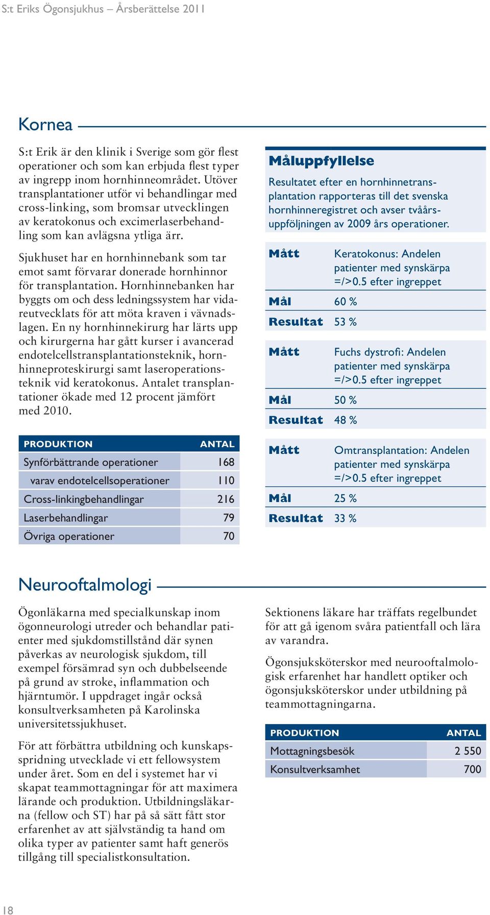 Sjukhuset har en hornhinnebank som tar emot samt förvarar donerade hornhinnor för transplantation.