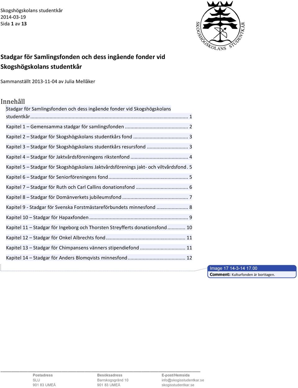 .. 3 Kapitel 3 Stadgar för Skogshögskolans studentkårs resursfond... 3 Kapitel 4 Stadgar för Jaktvårdsföreningens rikstenfond.