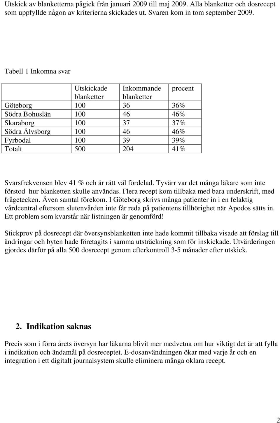 Svarsfrekvensen blev 41 % och är rätt väl fördelad. Tyvärr var det många läkare som inte förstod hur blanketten skulle användas. Flera recept kom tillbaka med bara underskrift, med frågetecken.