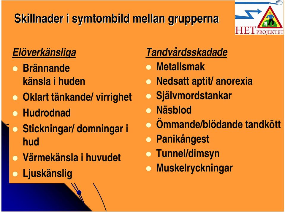 huvudet Ljuskänslig Tandvårdsskadade Metallsmak Nedsatt aptit/ anorexia