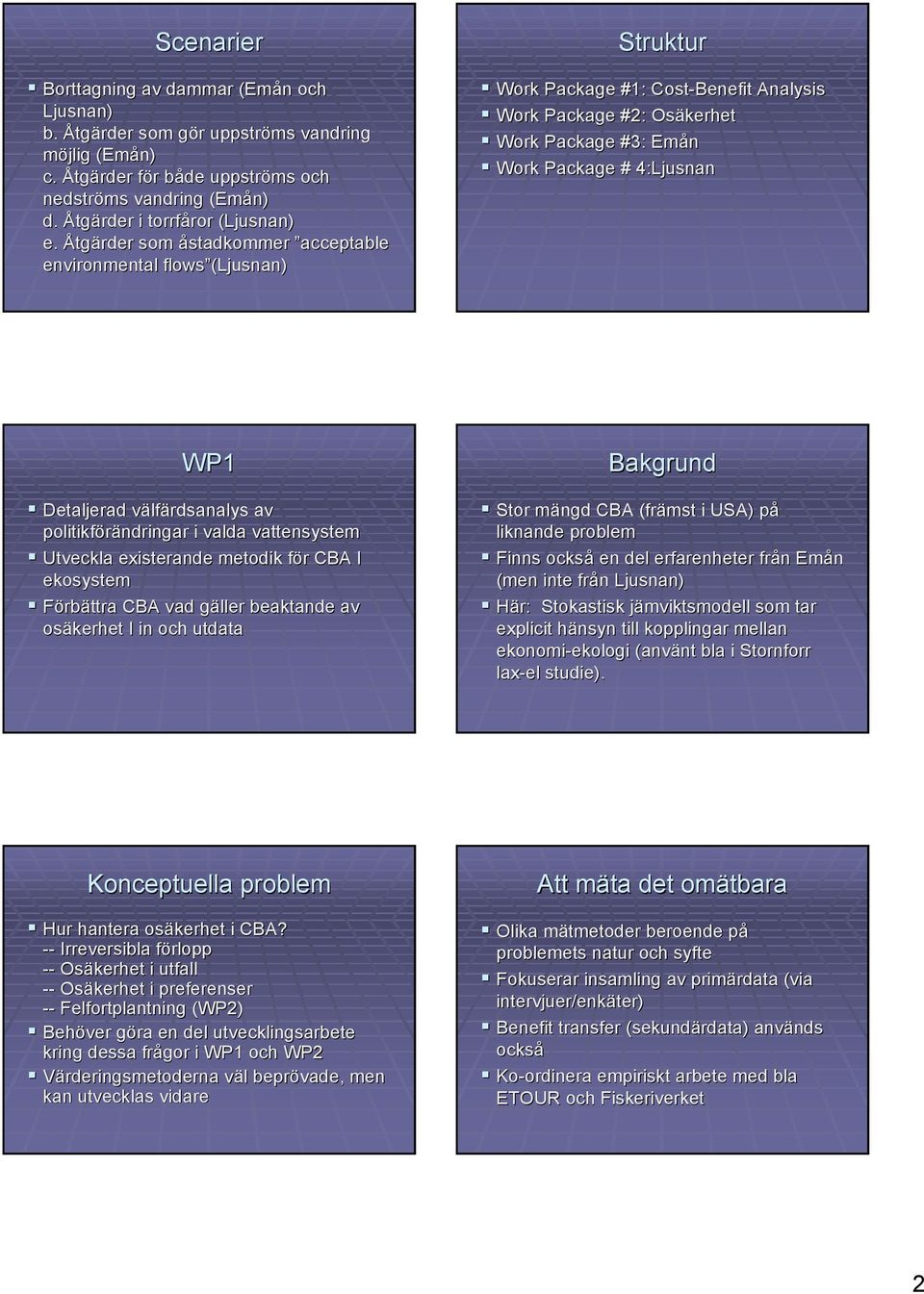 WP1 Detaljerad välfärdsanalys av politikförändringar i valda vattensystem Utveckla existerande metodik för CBA I ekosystem Förbättra CBA vad gäller beaktande av osäkerhet I in utdata Bakgrund Stor