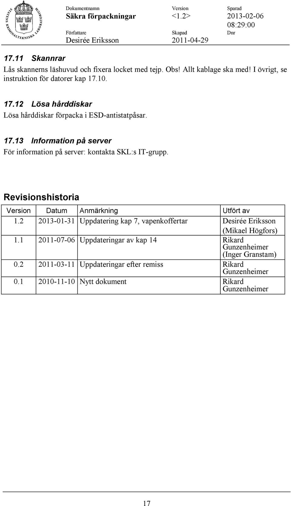 Revisionshistoria Datum Anmärkning Utfört av 1.2 2013-01-31 Uppdatering kap 7, vapenkoffertar (Mikael Högfors) 1.