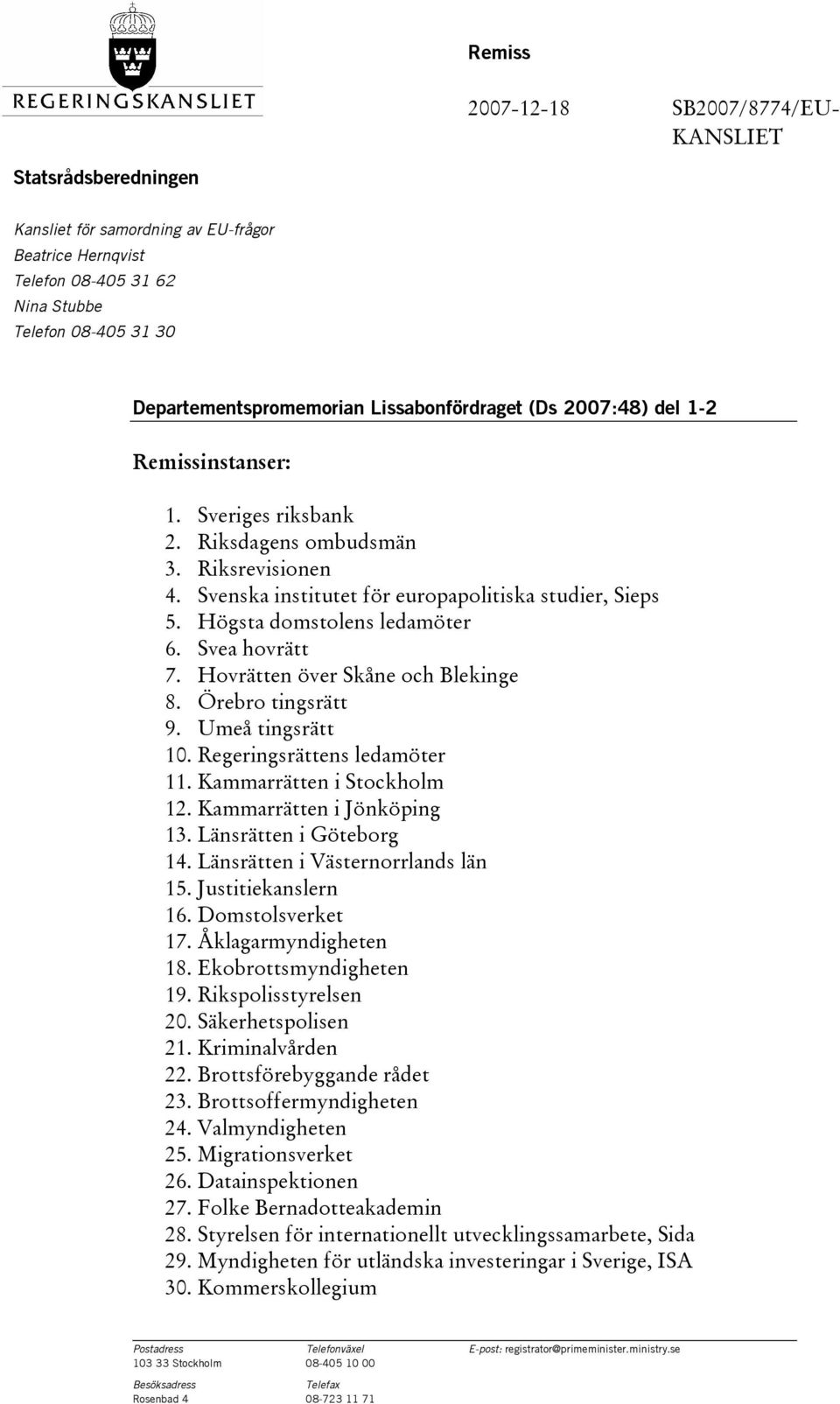 Högsta domstolens ledamöter 6. Svea hovrätt 7. Hovrätten över Skåne och Blekinge 8. Örebro tingsrätt 9. Umeå tingsrätt 10. Regeringsrättens ledamöter 11. Kammarrätten i Stockholm 12.