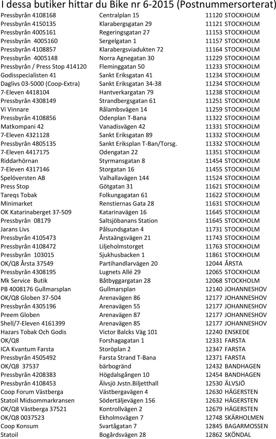 Stop 414120 Fleminggatan 50 11233 STOCKHOLM Godisspecialisten 41 Sankt Eriksgatan 41 11234 STOCKHOLM Daglivs 03-5000 (Coop- Extra) Sankt Eriksgatan 34-38 11234 STOCKHOLM 7- Eleven 4418104