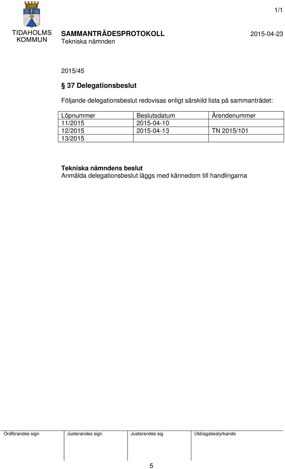 Ärendenummer 11/2015 2015-04-10 12/2015 2015-04-13 TN 2015/101