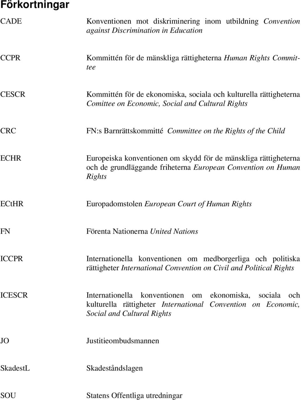 om skydd för de mänskliga rättigheterna och de grundläggande friheterna European Convention on Human Rights ECtHR Europadomstolen European Court of Human Rights FN Förenta Nationerna United Nations