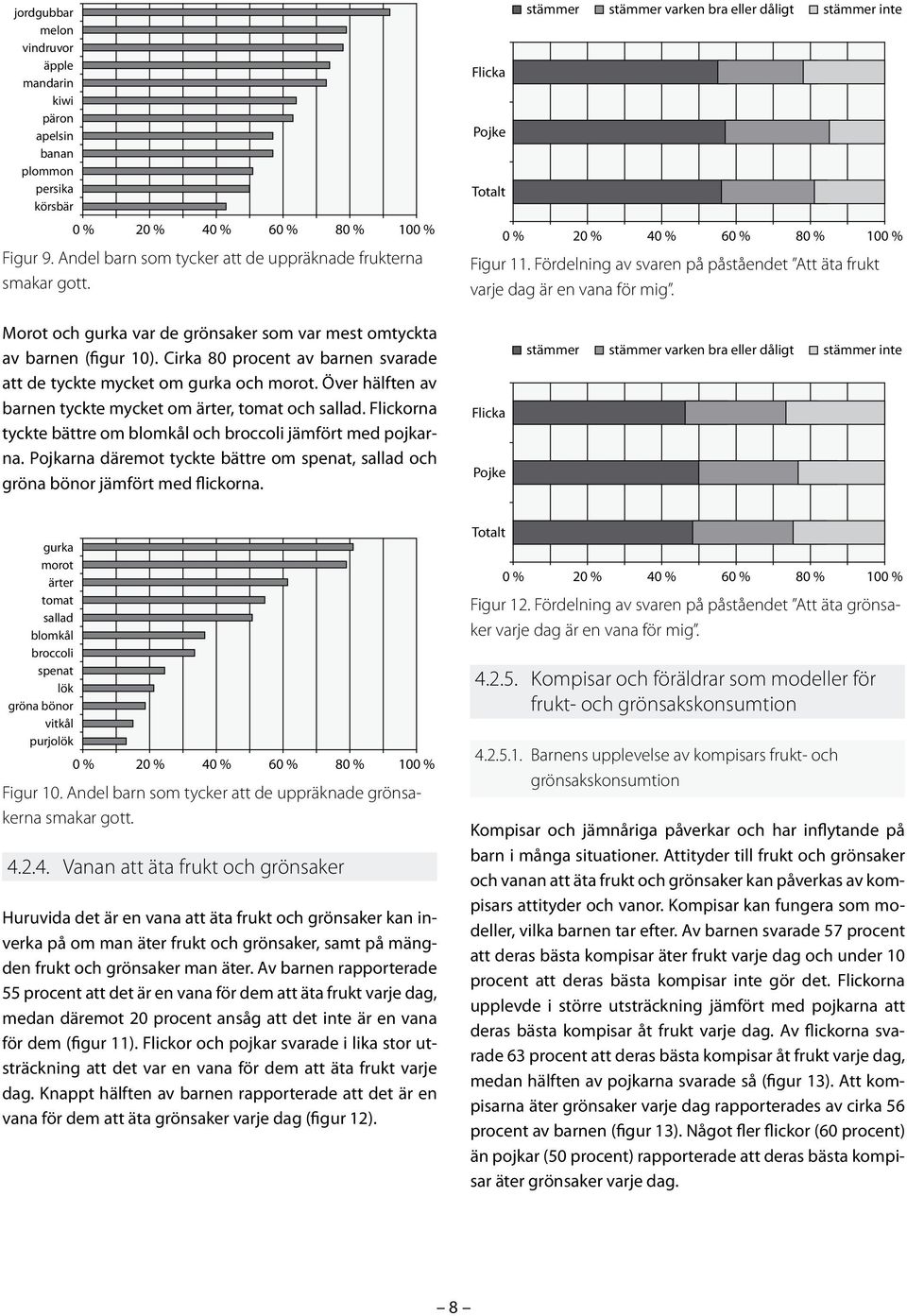 Morot och gurka var de grönsaker som var mest omtyckta av barnen (figur 10). Cirka 80 procent av barnen svarade att de tyckte mycket om gurka och morot.