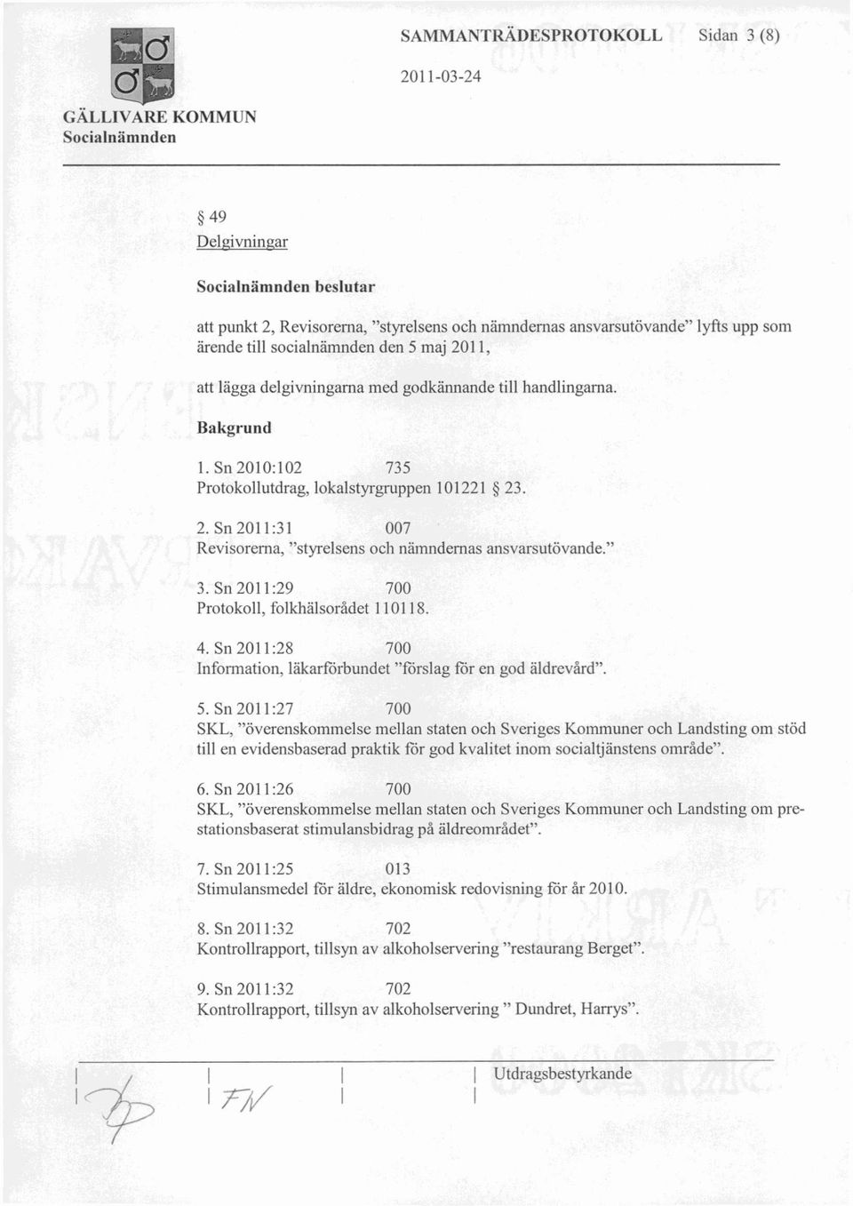 Sn 2011:29 700 Protokoll, folkhälsorådet 110118. 4. Sn 2011:28 700 Information, läkarförbundet "förslag för en god äldrevård". 5.