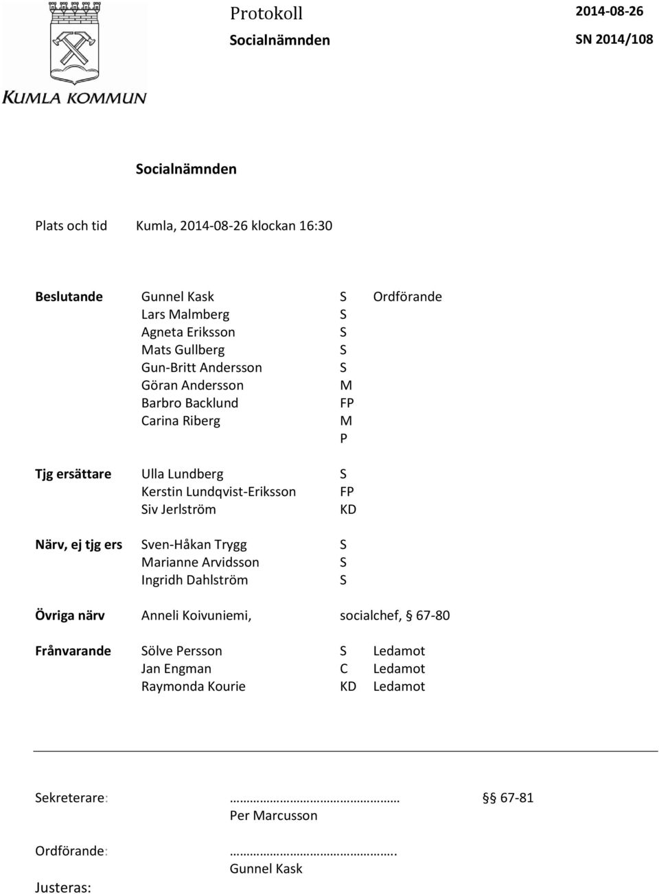 Lundqvist-Eriksson FP Siv Jerlström KD Närv, ej tjg ers Sven-Håkan Trygg S Marianne Arvidsson S Ingridh Dahlström S Övriga närv Anneli Koivuniemi,