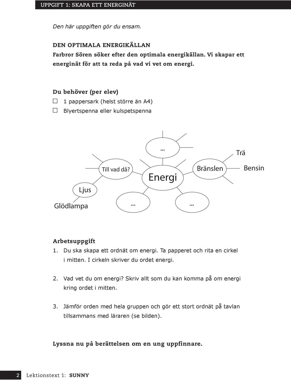 ... Energi...... Bränslen Trä Bensin Arbetsuppgift 1. Du ska skapa ett ordnät om energi. Ta papperet och rita en cirkel i mitten. I cirkeln skriver du ordet energi. 2.