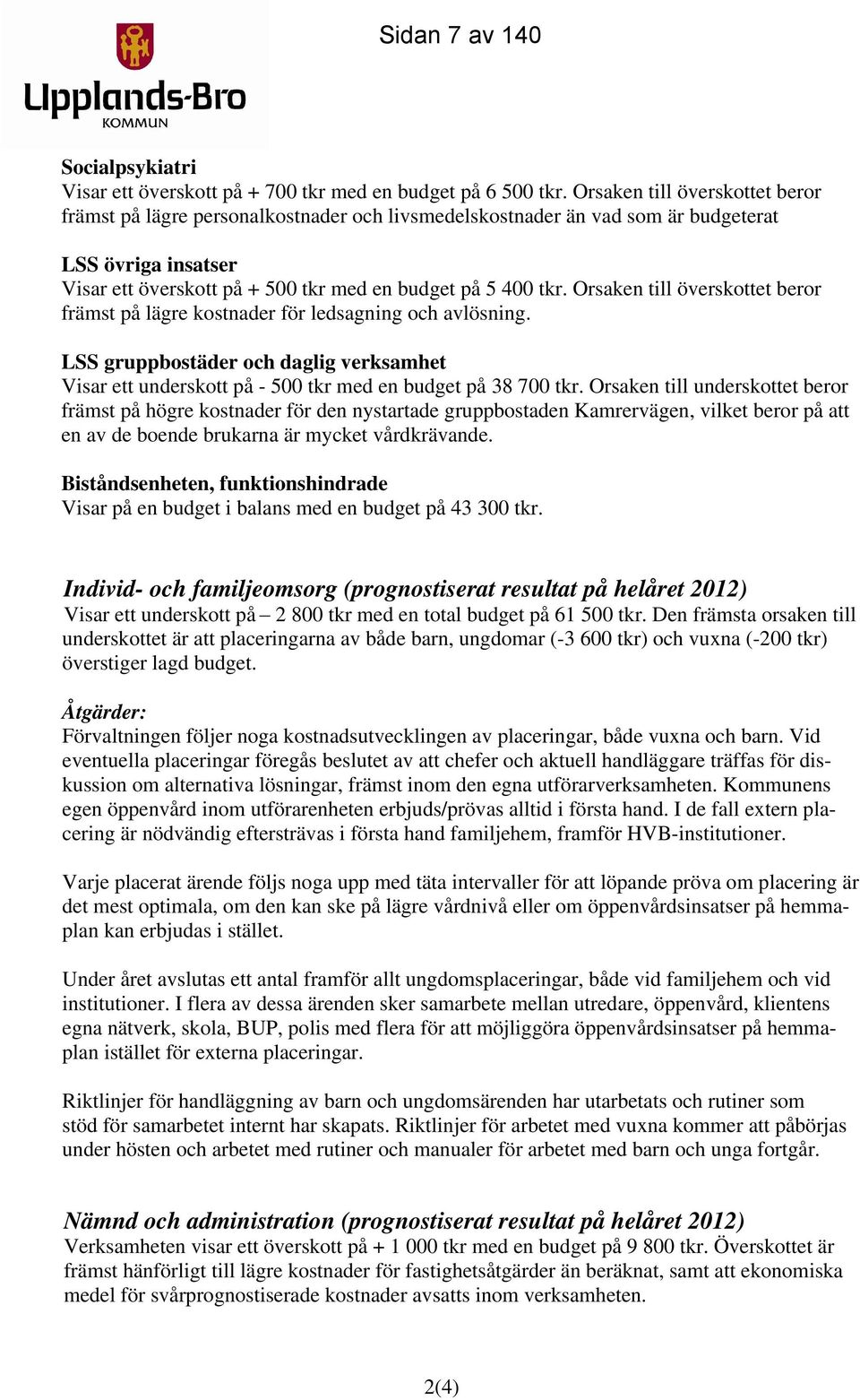 Orsaken till överskottet beror främst på lägre kostnader för ledsagning och avlösning. LSS gruppbostäder och daglig verksamhet Visar ett underskott på - 500 tkr med en budget på 38 700 tkr.
