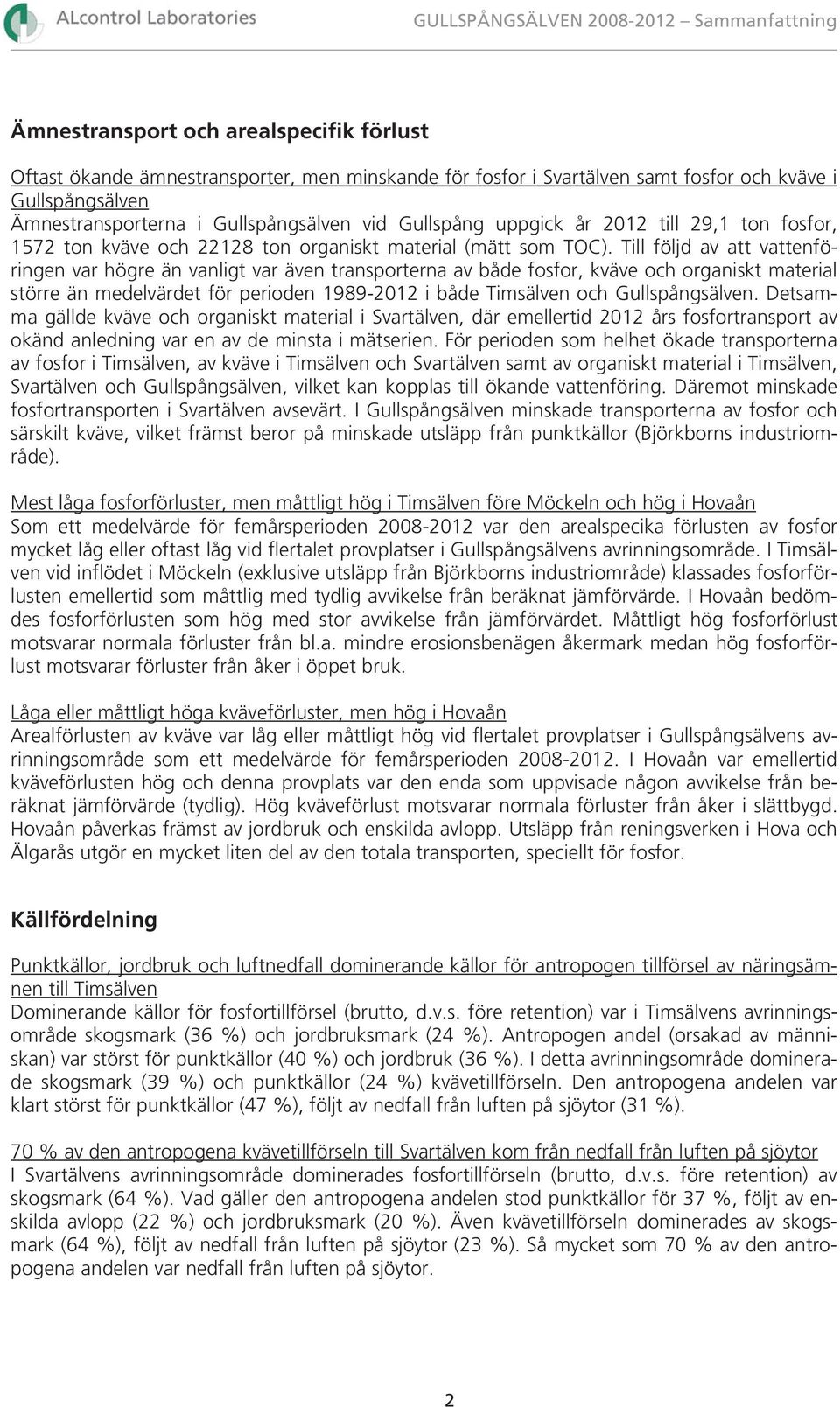 Till följd av att vattenföringen var högre än vanligt var även transporterna av både fosfor, kväve och organiskt material större än medelvärdet för perioden 1989-212 i både Timsälven och