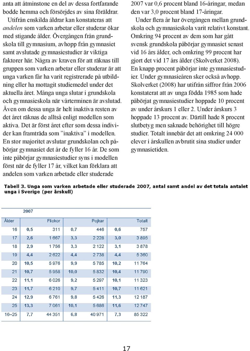 Övergången från grundskola till gymnasium, avhopp från gymnasiet samt avslutade gymnasiestudier är viktiga faktorer här.