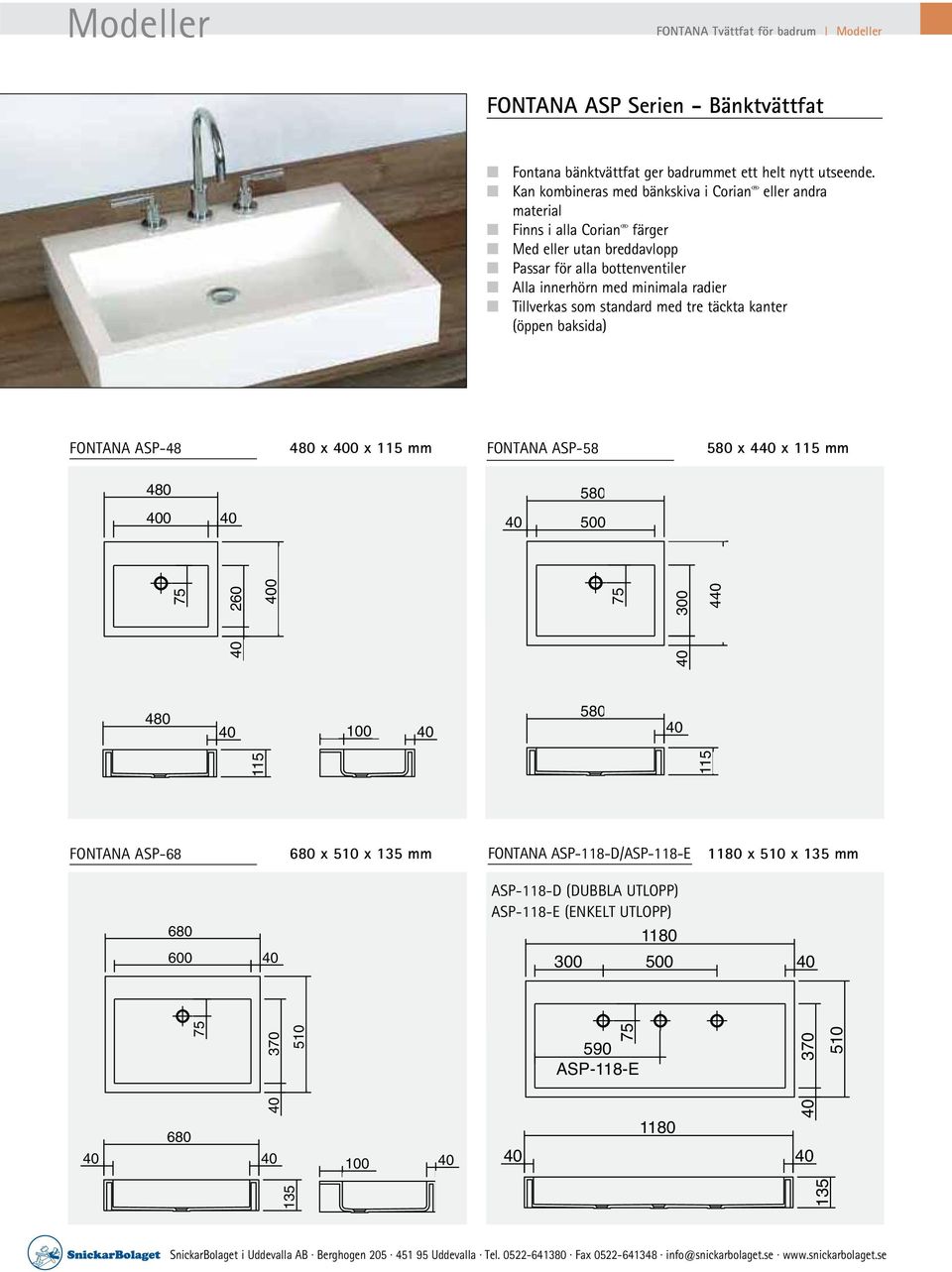 Tillverkas som standard med tre täckta kanter (öppen baksida) FONTANA ASP-48 480 x 0 x 115 mm FONTANA ASP-58 580 x 4 x 115 mm 480 580 0 500 260 0 480 100