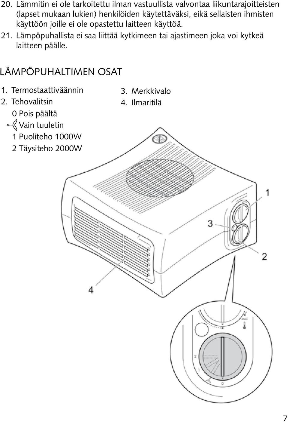 Lämpöpuhallista ei saa liittää kytkimeen tai ajastimeen joka voi kytkeä laitteen päälle. LÄMPÖPUHALTIMEN OSAT 1.