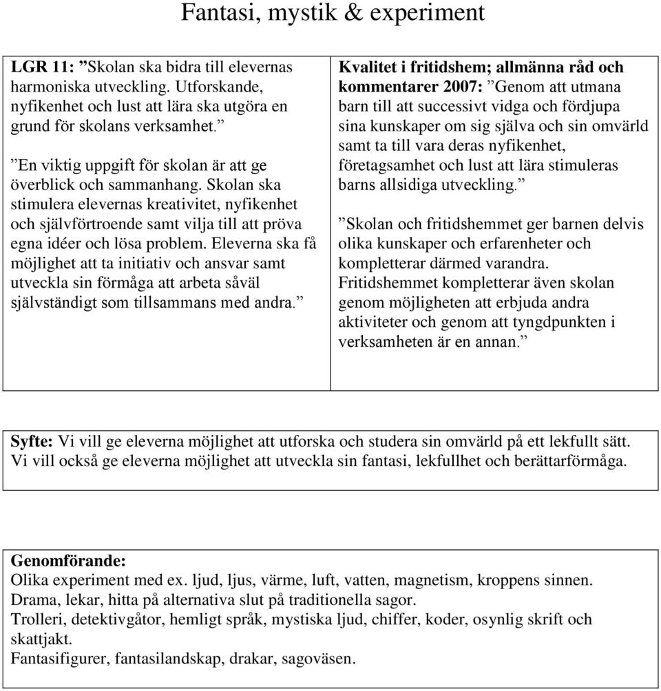 Eleverna ska få möjlighet att ta initiativ och ansvar samt utveckla sin förmåga att arbeta såväl självständigt som tillsammans med andra.