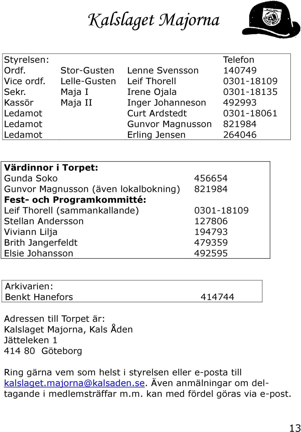 456654 Gunvor Magnusson (även lokalbokning) 821984 Fest- och Programkommitté: Leif Thorell (sammankallande) 0301-18109 Stellan Andersson 127806 Viviann Lilja 194793 Brith Jangerfeldt 479359 Elsie