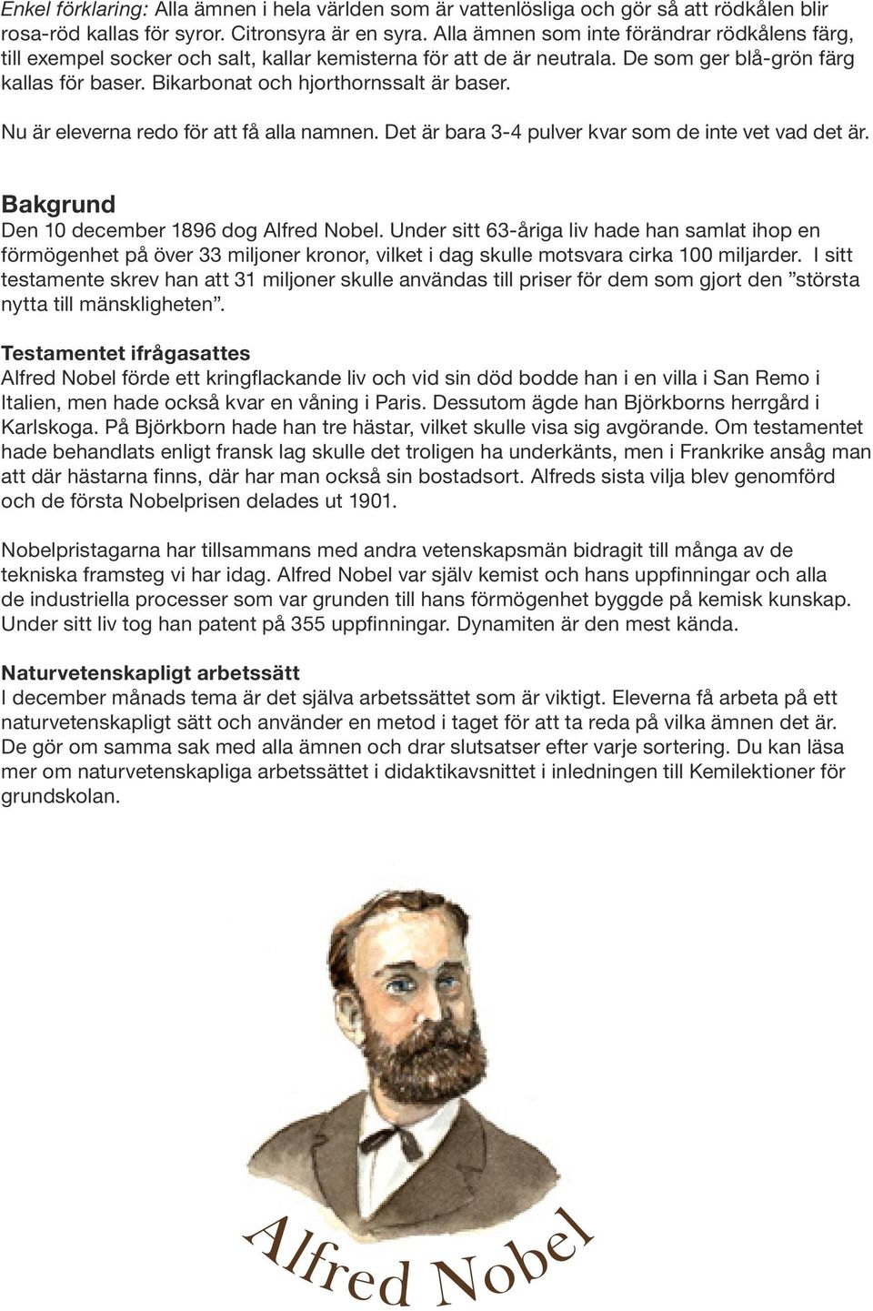 Nu är eleverna redo för att få alla namnen. Det är bara 3-4 pulver kvar som de inte vet vad det är. Bakgrund Den 10 december 1896 dog Alfred Nobel.