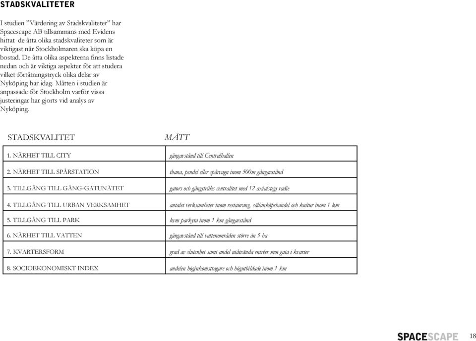 Måtten i studien är anpassade för Stockholm varför vissa justeringar har gjorts vid analys av Nyköping. STADSKVALITET MÅTT 1. NÄRHET TILL CITY gångavstånd till Centralhallen 2.