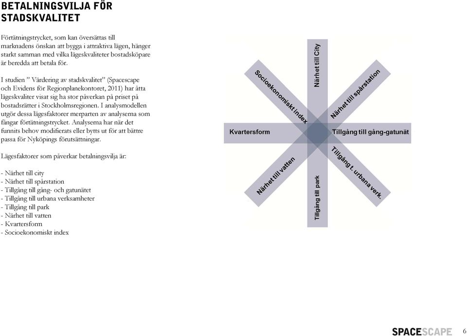 I studien Värdering av stadskvalitet (Spacescape och Evidens för Regionplanekontoret, 2011) har åtta lägeskvaliter visat sig ha stor påverkan på priset på bostadsrätter i Stockholmsregionen.