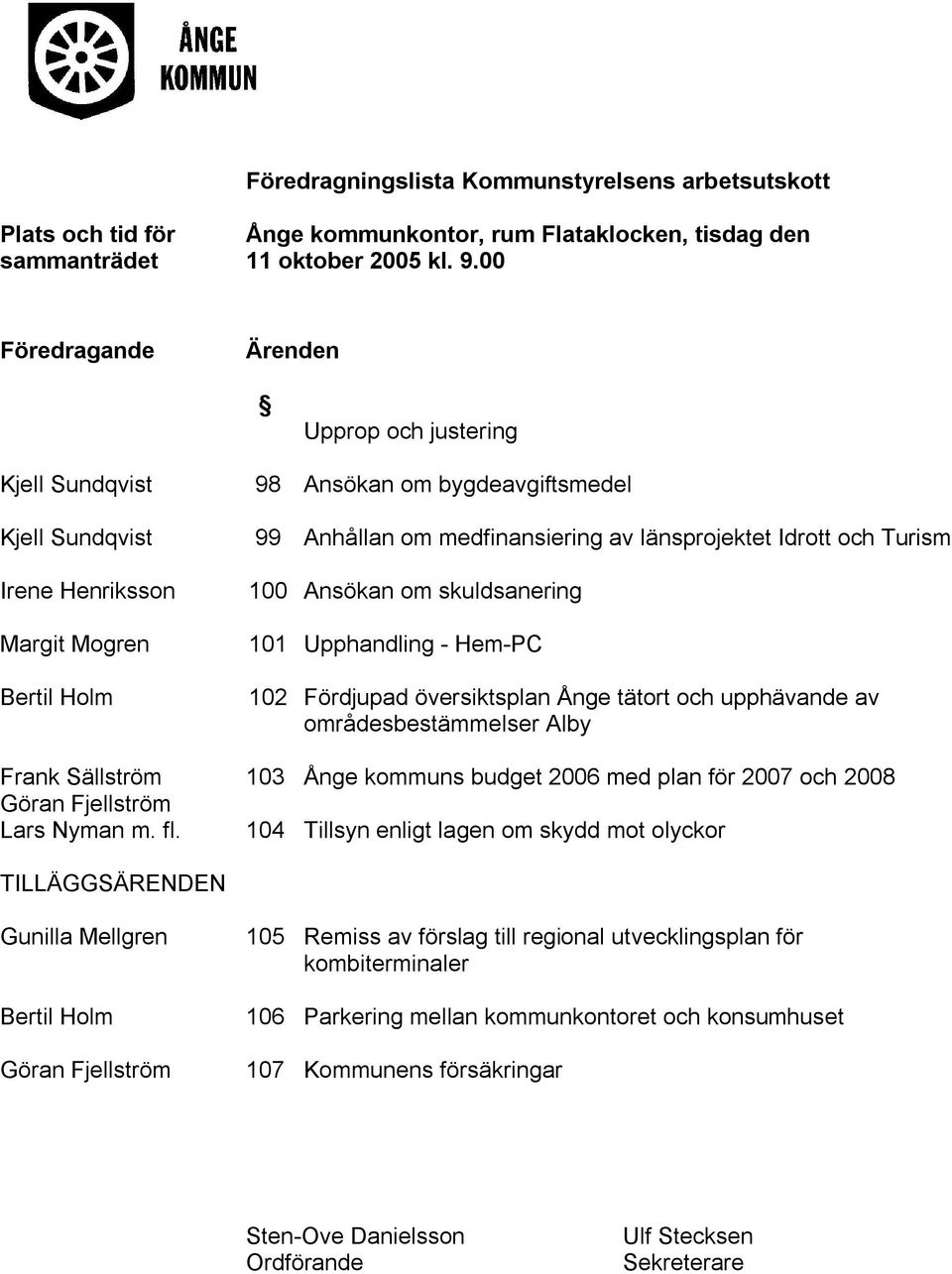 98 Ansökan om bygdeavgiftsmedel 99 Anhållan om medfinansiering av länsprojektet Idrott och Turism 100 Ansökan om skuldsanering 101 Upphandling - Hem-PC 102 Fördjupad översiktsplan Ånge tätort och