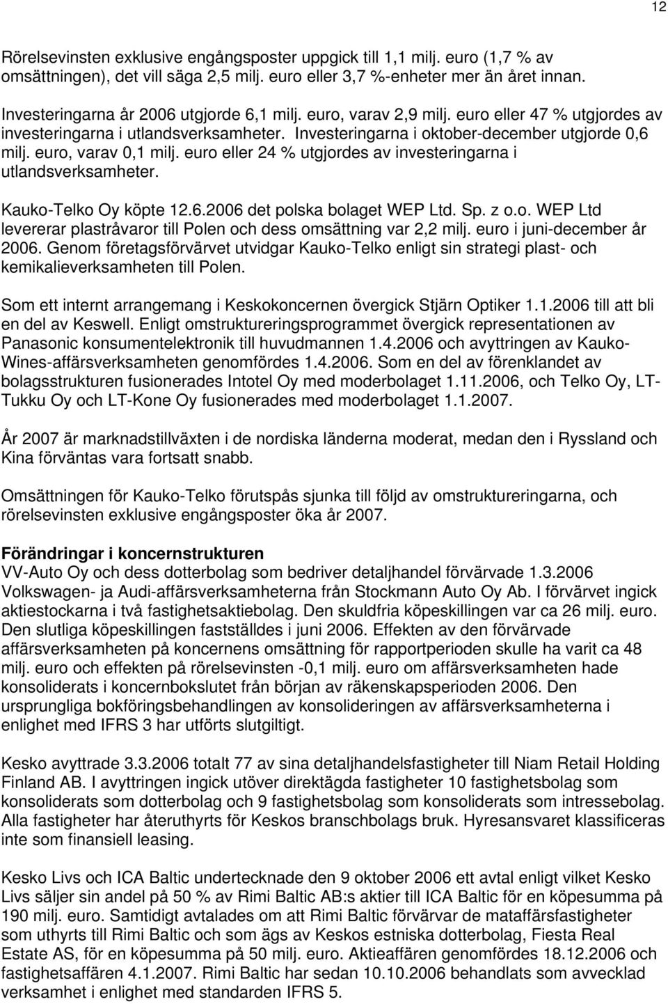 euro eller 24 % utgjordes av investeringarna i utlandsverksamheter. Kauko-Telko Oy köpte 12.6. det polska bolaget WEP Ltd. Sp. z o.o. WEP Ltd levererar plastråvaror till Polen och dess omsättning var 2,2 milj.