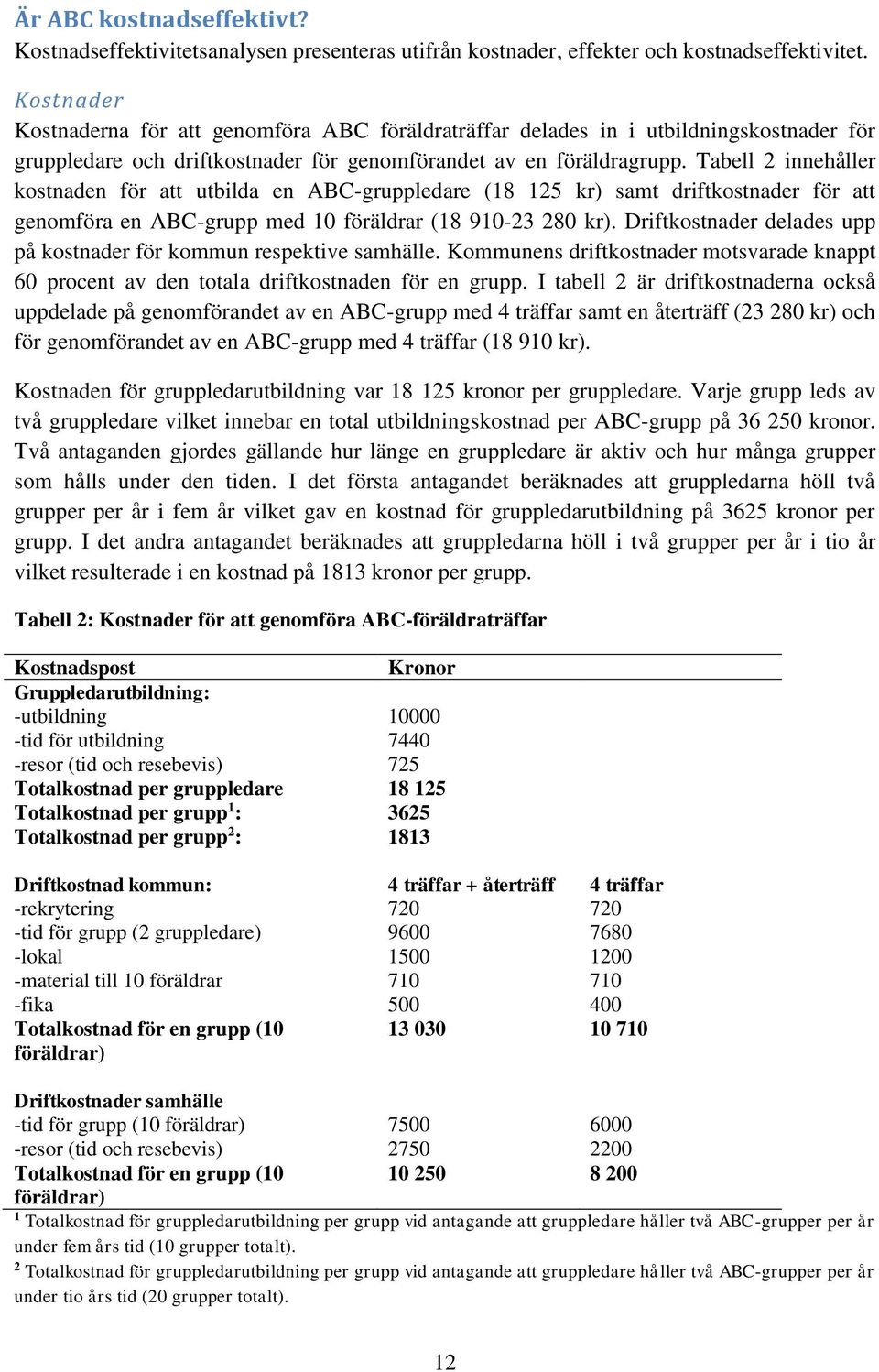 Tabell 2 innehåller kostnaden för att utbilda en ABC-gruppledare (18 125 kr) samt driftkostnader för att genomföra en ABC-grupp med 10 föräldrar (18 910-23 280 kr).