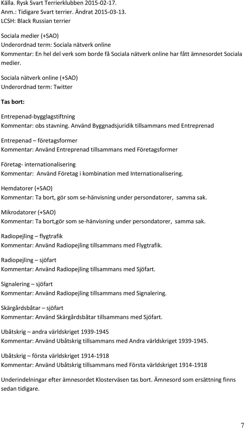 Sociala nätverk online (+SAO) Underordnad term: Twitter Tas bort: Entrepenad-bygglagstiftning Kommentar: obs stavning.