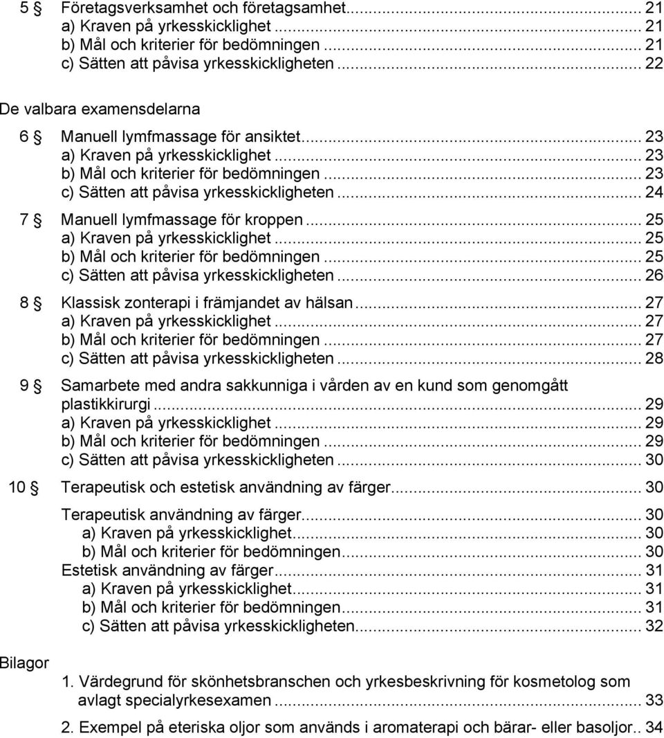 .. 24 7 Manuell lymfmassage för kroppen... 25 a) Kraven på yrkesskicklighet... 25 b) Mål och kriterier för bedömningen... 25 c) Sätten att påvisa yrkesskickligheten.