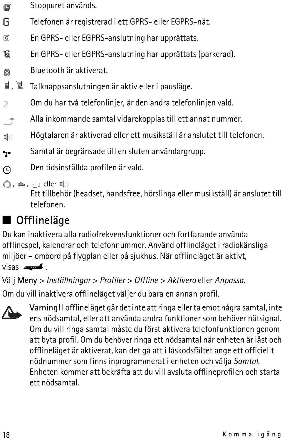 Högtalaren är aktiverad eller ett musikställ är anslutet till telefonen. Samtal är begränsade till en sluten användargrupp. Den tidsinställda profilen är vald.