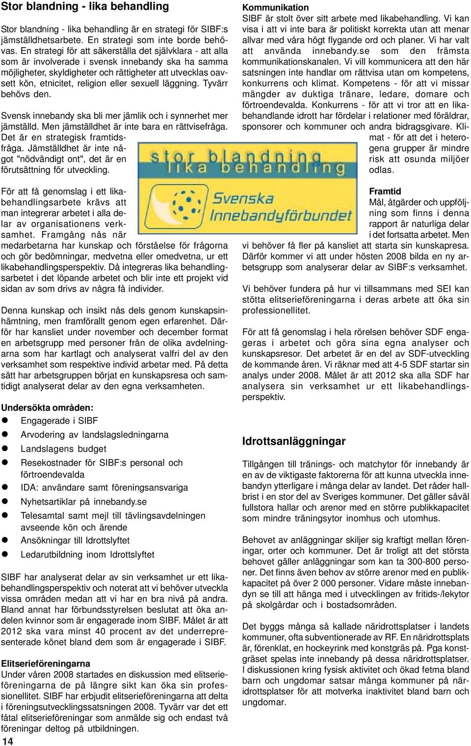 eller sexuell läggning. Tyvärr behövs den. Svensk innebandy ska bli mer jämlik och i synnerhet mer jämställd. Men jämställdhet är inte bara en rättvisefråga. Det är en strategisk framtidsfråga.