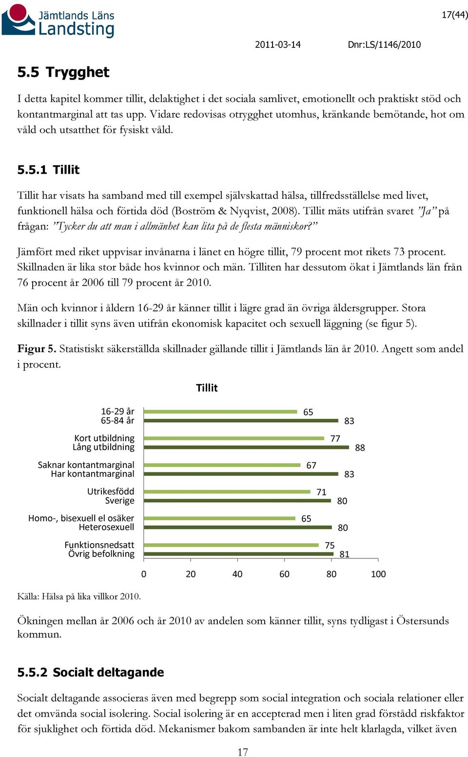 5.1 Tillit Tillit har visats ha samband med till exempel självskattad hälsa, tillfredsställelse med livet, funktionell hälsa och förtida död (Boström & Nyqvist, 2008).